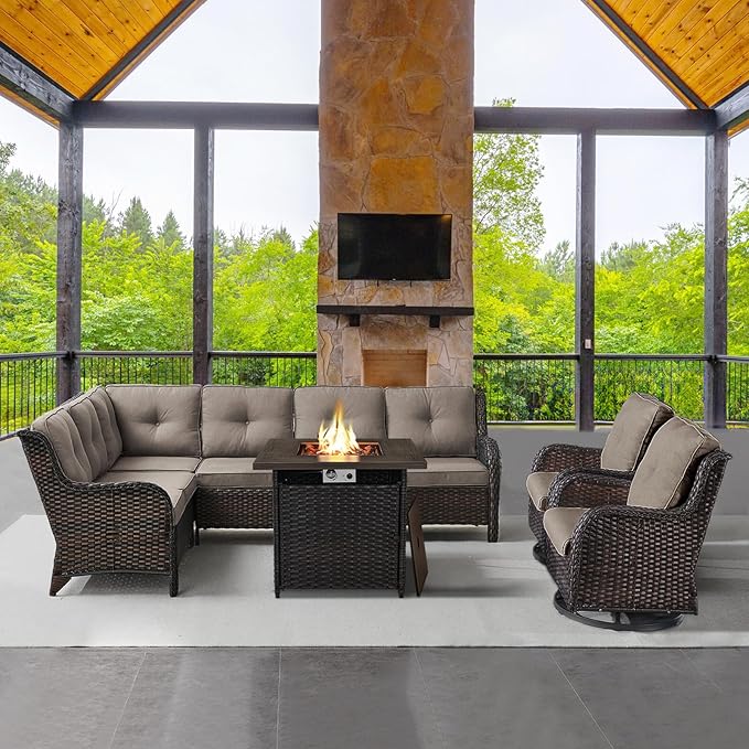 Outdoor Sectional Sofa Furniture Set with Propane Fire Pit Table, Wicker Patio Conversation Set with 2 Swivel Glider Rocker Chairs Grey Cushion Perfect for Backyard Casual Gathering-VerdiqueGarden