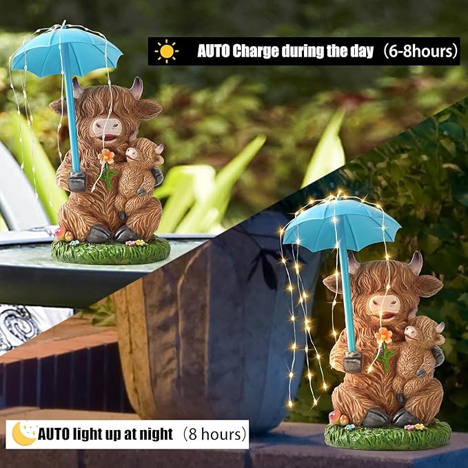 Solar Garden Statues Resin Loving Highland Cow Umbrella Lights Outdoor Decor Gifts for Yard, Patio Decorations-VerdiqueGarden