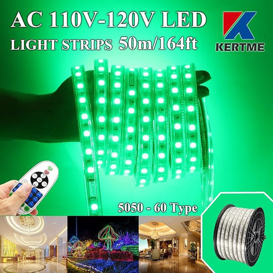 5050-60 Type AC 110-120V Green LED Strip Lights, Flexible/Waterproof/Dimmable/Multi-Modes LED Rope Light + 23 Keys Remote for Home/Garden/Building Decoration (164ft/50m, Green)-VerdiqueGarden