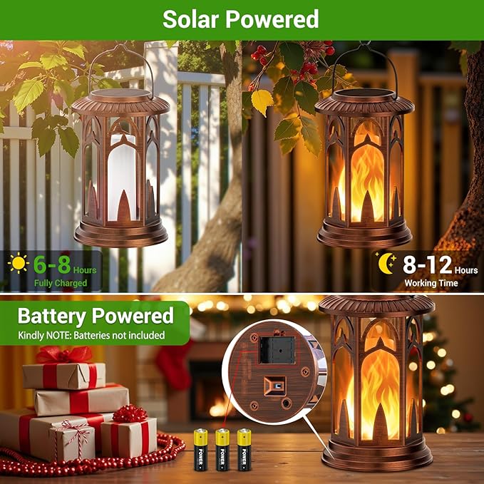 KOOPER Taller Solar Lanterns Outdoor Waterproof Hanging Solar Lantern Lights, 2Pack Upgraded Flickering Flame Lanterns Decorative Outdoor, Battery & Solar Powered lantern for Garden Yard Decor, Bronze-VerdiqueGarden