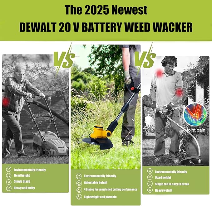Electric Weed Wacker Cordless for Dewalt 20 V Battery, 4-in-1 Battery-Powered Mower, Lightweight Cordless Weeder for Lawn, Yard and Brush Mowing (Battery Free, Yellow)-VerdiqueGarden