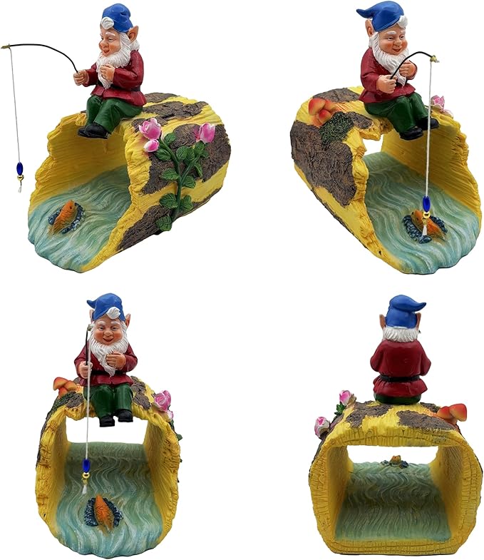 Gnome Fishing 3" x 4" Gutter Downspout Splash Block Decor, Outdoor Garden Animal Statue & Sculpture, Weather-Resistant Gutter Diverter Rain, Decorative Gutter Extension Downspout Ornament-VerdiqueGarden