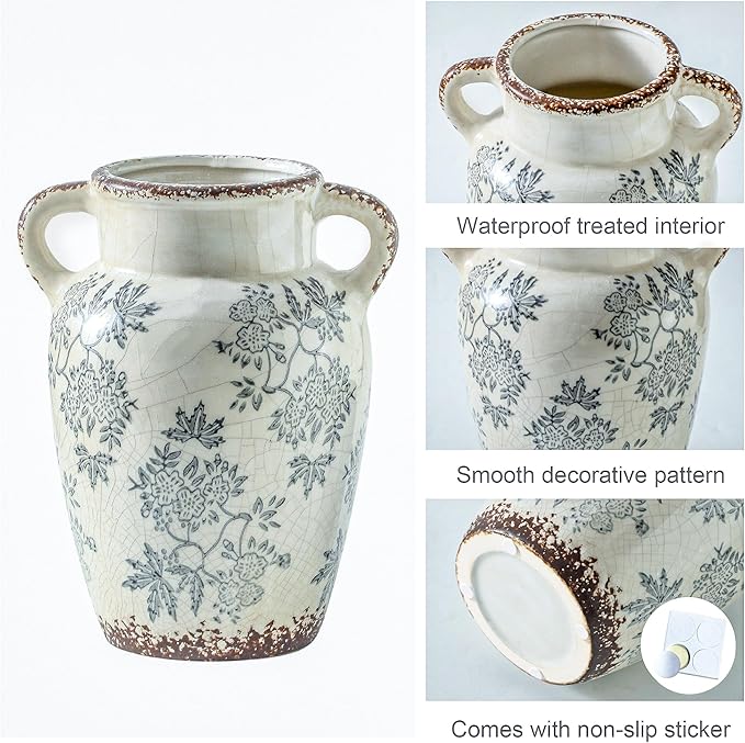 Enra Vintage vase with Handle,9.4 inch Blue and White Ceramic Decorative Flower vase, Chinoiserie Floral Vase,Large Rustic Vases for Home Decors, Living Room, Bookshelf, Office-VerdiqueGarden