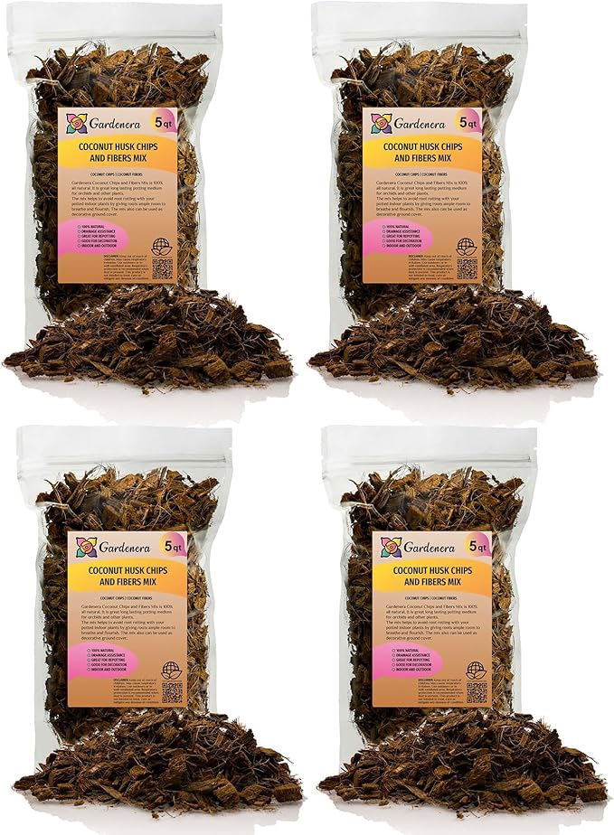 Premium Coconut Husk Chips and Fibers Mix for Orchids - 20 Quart - Houseplant, Monstera and Fiddle Leaf Fig by GARDENERA (4 Bags of 5 Quart)-VerdiqueGarden