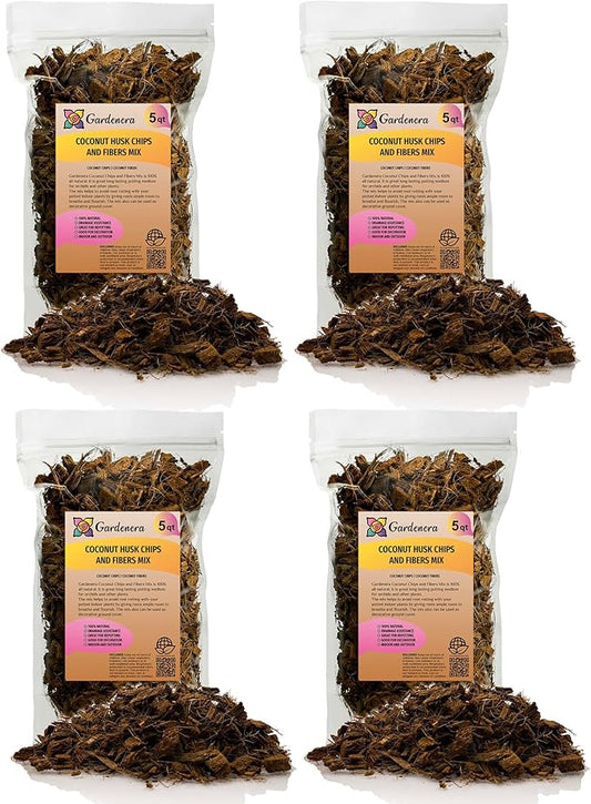 Premium Coconut Husk Chips and Fibers Mix for Orchids - 20 Quart - Houseplant, Monstera and Fiddle Leaf Fig by GARDENERA (4 Bags of 5 Quart)-VerdiqueGarden