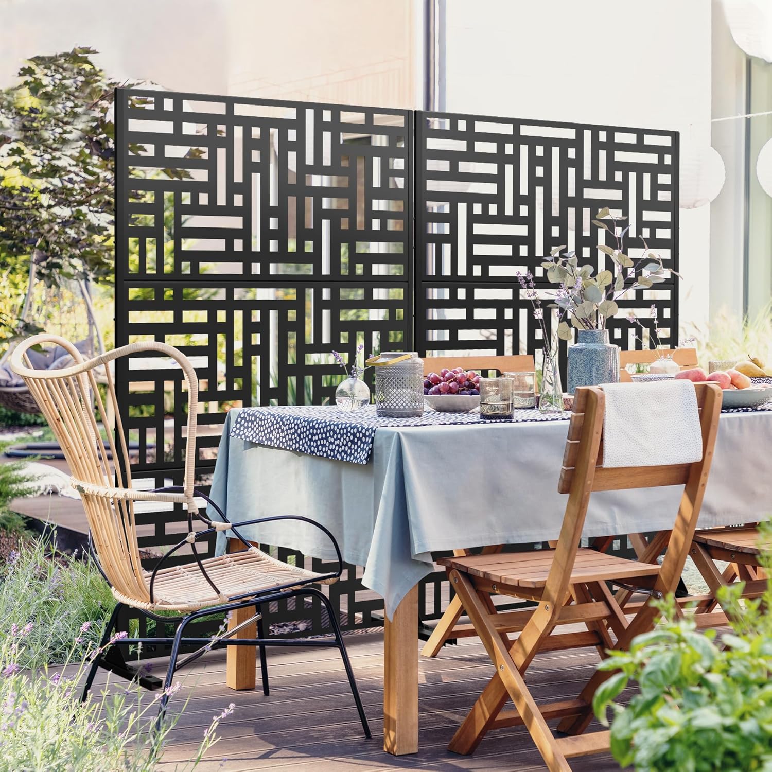 Metal Privacy Screen 72" H47 W,Freestanding Decorative Outdoor Panel for Balcony Patio Lawn Garden,Fence-Black & Street-VerdiqueGarden