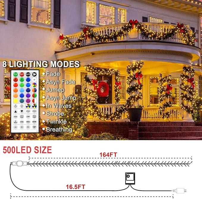 164 FT 500 LED Christmas String Lights, Waterproof RGB String Lights with Remote Control&Timer Function, 24 Colors Changing Fairy Lights for Indoor Outdoor Room Wall Christmas Tree Party Decoration-VerdiqueGarden