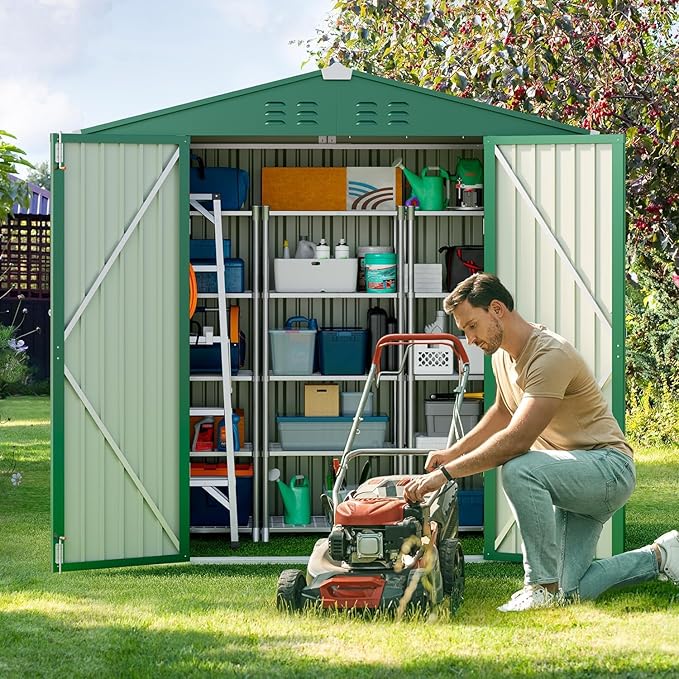Gizoon Outdoor Storage Shed 6 x 4 FT, Galvanized Metal Garden Shed with Double Lockable Doors, Outdoor Storage Clearance for Backyard Patio Lawn-Green-VerdiqueGarden