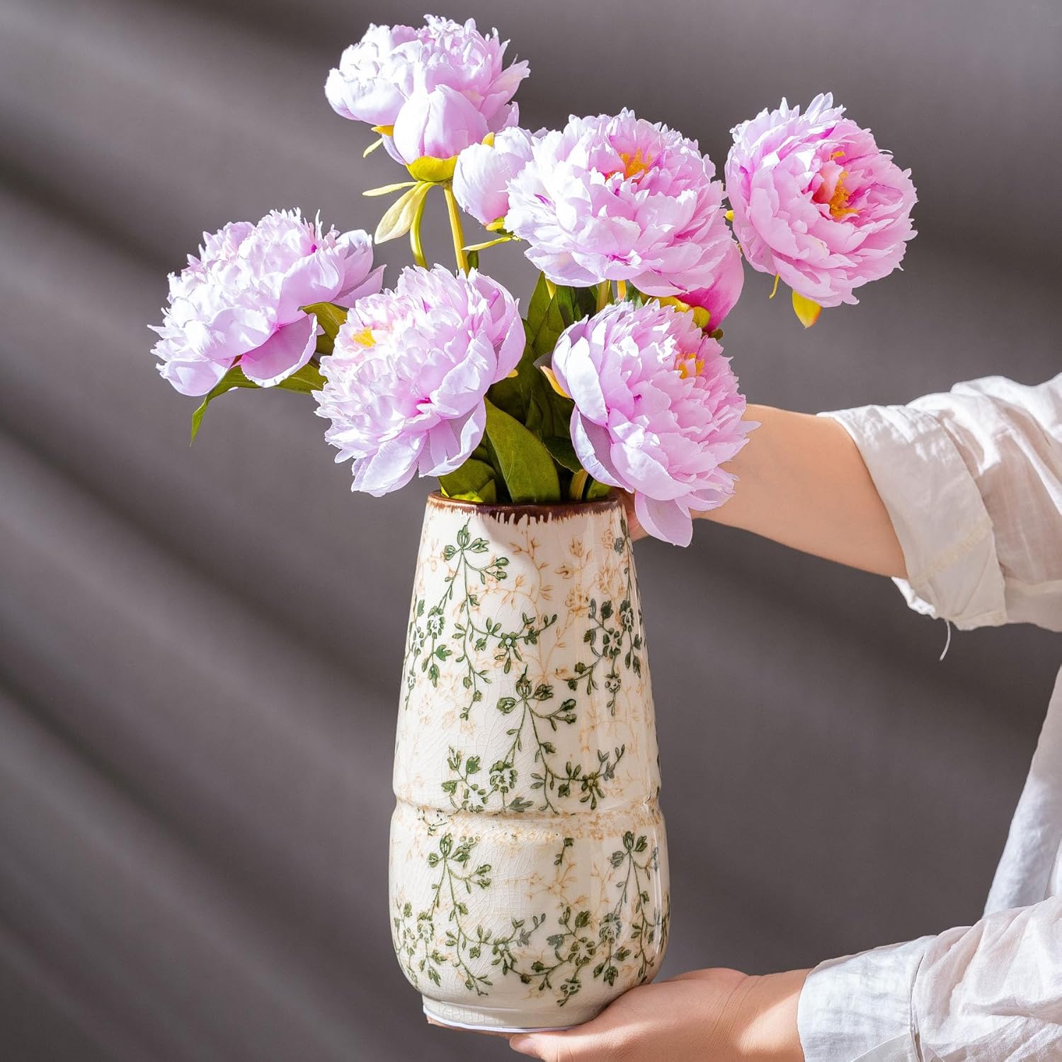 Vintage Green and Beige Vase, Large Round Ceramic Floral Vases, Retro Ice Cracked Chinoiserie Vase for Home Decor, Living Room, Bookshelf, Office, Bedroom and Shelf, Rustic Table Centerpiece 10 Inch-VerdiqueGarden