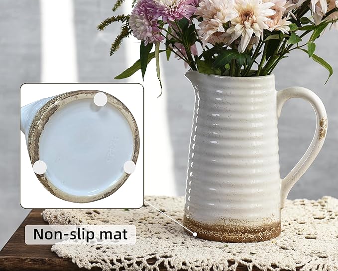 Quoowiit Ceramic Rustic Vase with Handle, White Distressed Decorative Farmhouse Pitcher Vase for Home Decor Living Room Bedroom Kitchen Office Shelf Decor Centerpiece Table Decoration-VerdiqueGarden