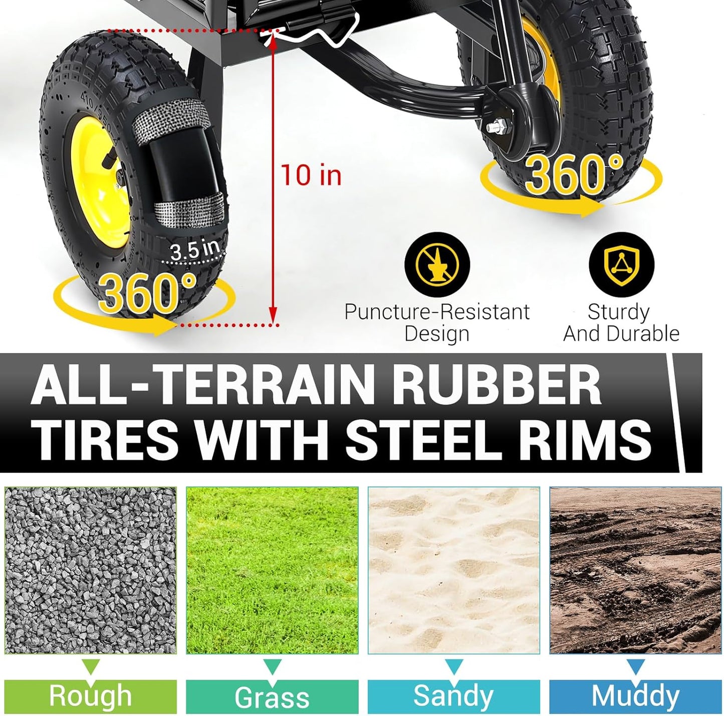 Heavy Duty Steel Garden Cart, 550LBS Pullable Metal Garden Wagon with 10" Wheels, 180° Rotating Handle and Removable Sides for Outdoor, Farm, Yard, Beach ﻿-VerdiqueGarden