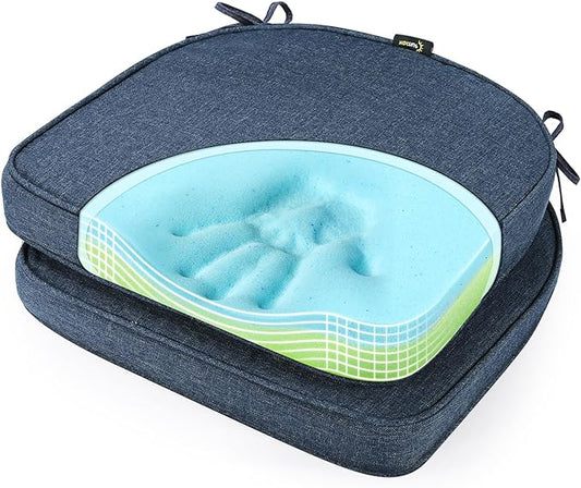 SUNROX Gel Memory Foam Chair Cushions, FadeShield Water-, Stain-Resistant Durable Reversible Seat Cushion Pads with Ties for Indoor/Outdoor Kitchen Dining Office, 19"x19", Set of 2, Heather Indigo-VerdiqueGarden