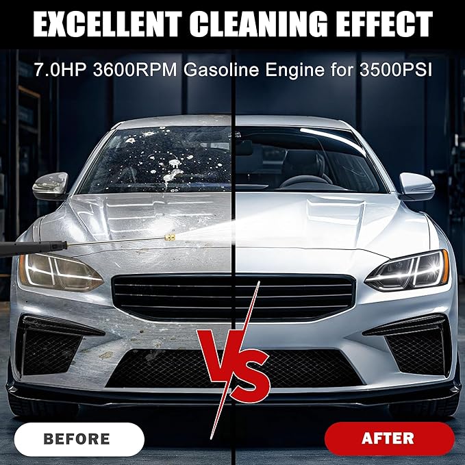 Gas Pressure Washer, 3950 PSI and 2.6 GPM, 7HP Engine with Copper Pump, 25FT Hose and Foam Cannon, 4 Nozzles, for Cars, Driveways, Fences-VerdiqueGarden