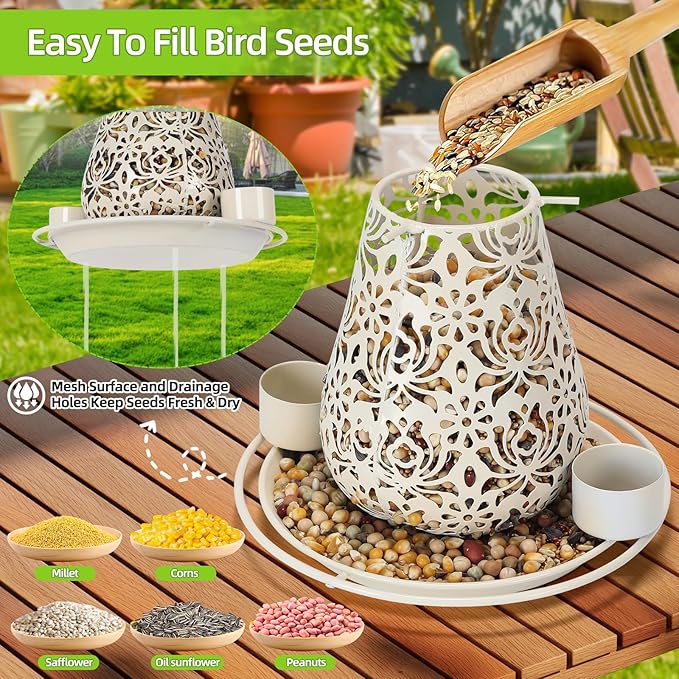 Mushroom Solar Bird Feeders for Outdoors Hanging Metal Wild Bird Feeder Garden Lantern with S Hook for Garden Decoration red-VerdiqueGarden