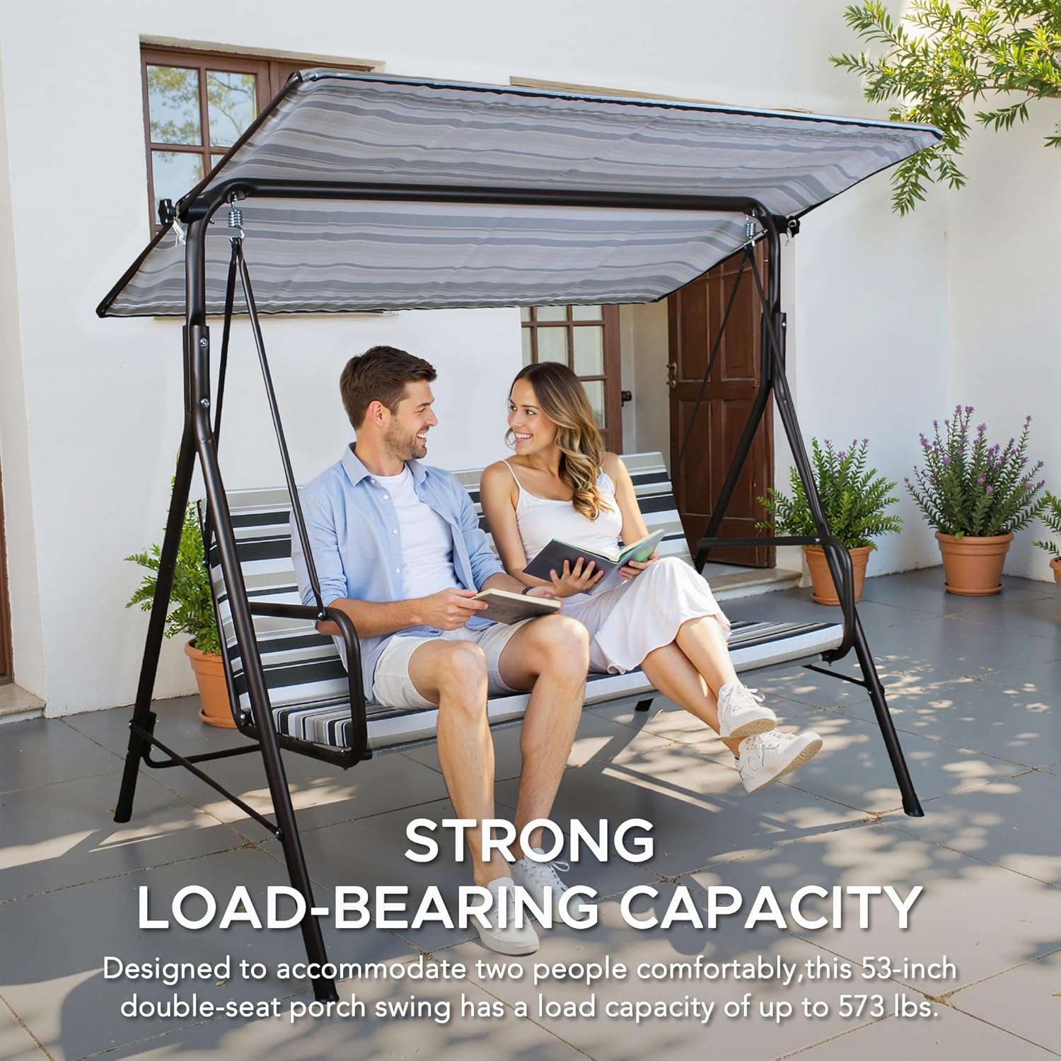 SUNJOY Outdoor Porch Swing, 2 Seat Patio Metal Porch Swing Seats with Adjustable Canopy and Removable Cushion for Garden, Poolside, Backyard, Bronze - Made in Italy-VerdiqueGarden