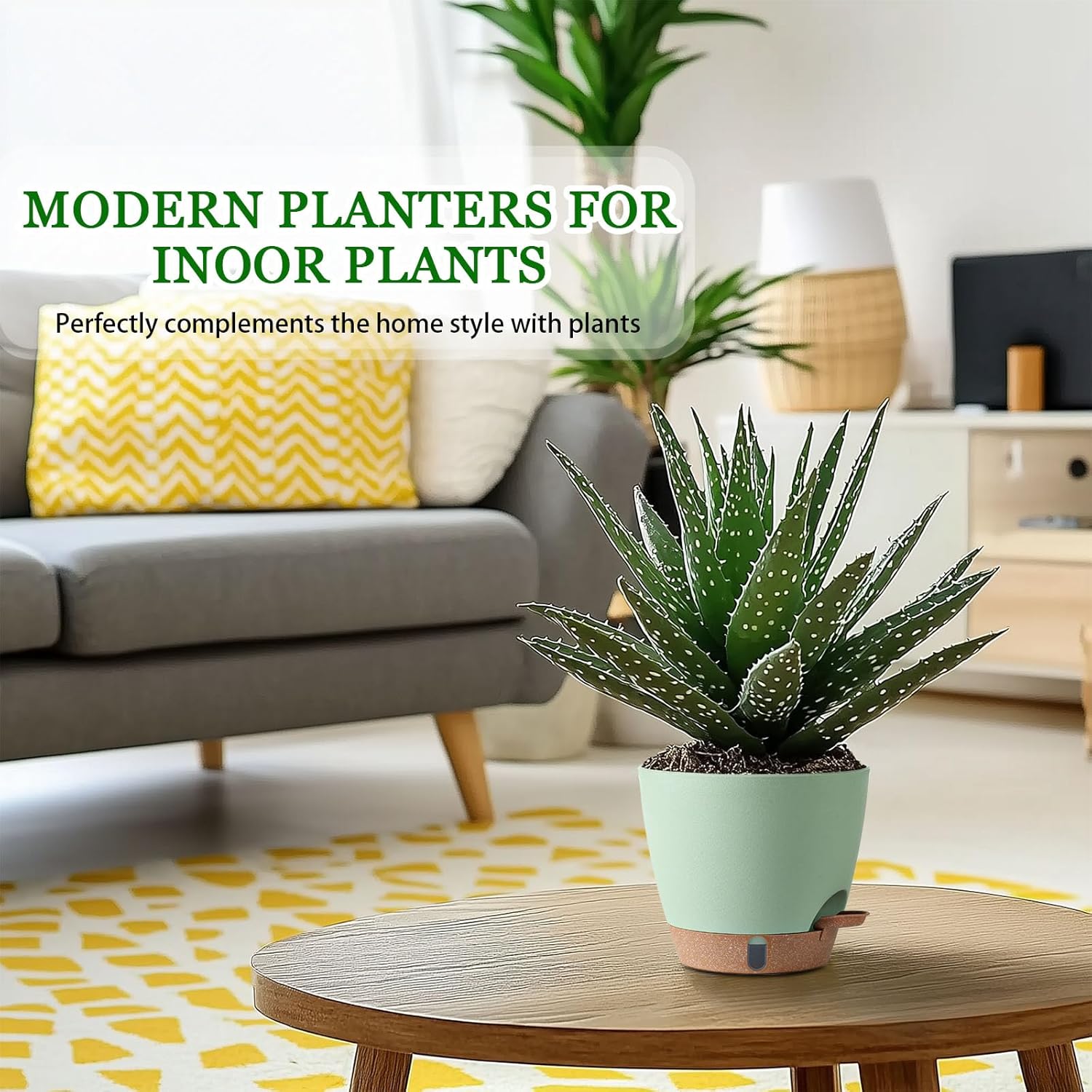 2 Pack 8 Inch Pots for Plants Indoor, Plastic Self Watering Planters with Drainage Holes, Water Level Indicator & Deep Reservoir, Decorative Flower Pots Indoor Outdoor Use (Green-VerdiqueGarden