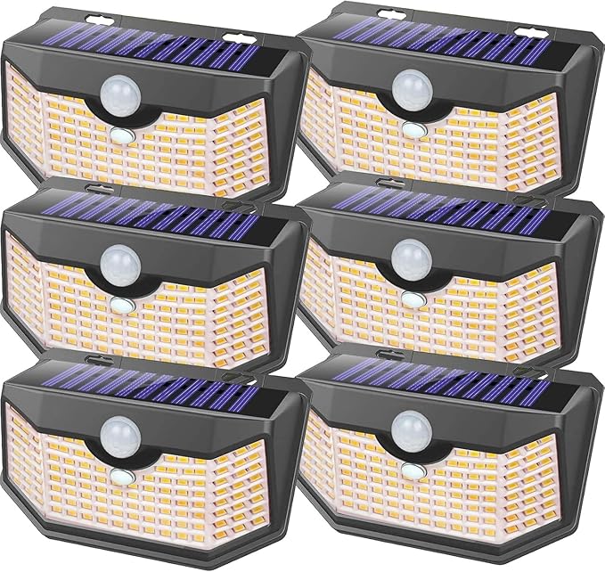 HMCITY 120 LED Outdoor Solar Lights- with Motion Sensor and 3 Lighting Modes, IP65 Waterproof Wide Solar Wall Lights Ideal for Garden Patio Yard (Front Button 6Packs, Warm White)-VerdiqueGarden