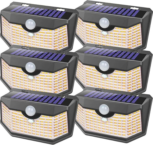 HMCITY 120 LED Outdoor Solar Lights- with Motion Sensor and 3 Lighting Modes, IP65 Waterproof Wide Solar Wall Lights Ideal for Garden Patio Yard (Front Button 6Packs, Warm White)-VerdiqueGarden