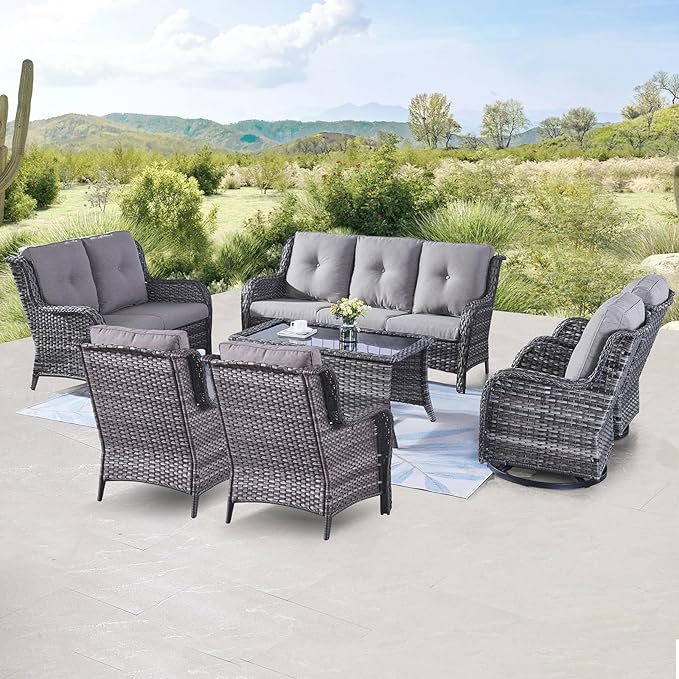 Outdoor Wicker Furniture Patio Set - 7 Piece Backyard Furniture Grey Rattan Conversation Sets with Swivel Rocker Chairs, Rattan Sofa, Club Chairs and Coffee Table, Grey Cushion-VerdiqueGarden