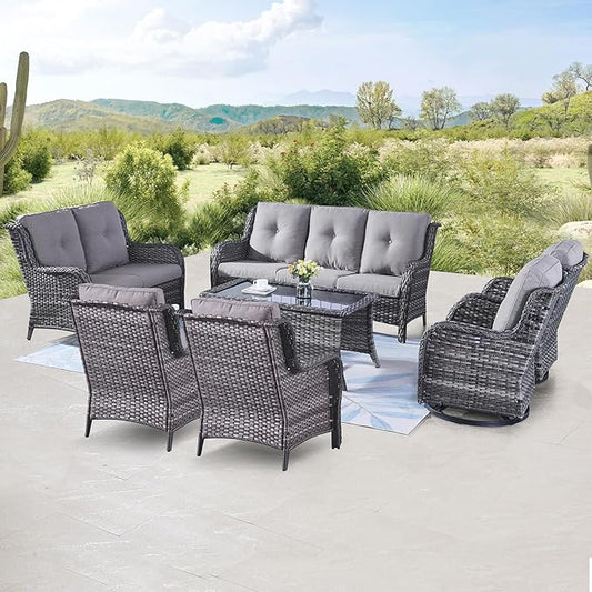 Outdoor Wicker Furniture Patio Set - 7 Piece Backyard Furniture Grey Rattan Conversation Sets with Swivel Rocker Chairs, Rattan Sofa, Club Chairs and Coffee Table, Grey Cushion-VerdiqueGarden