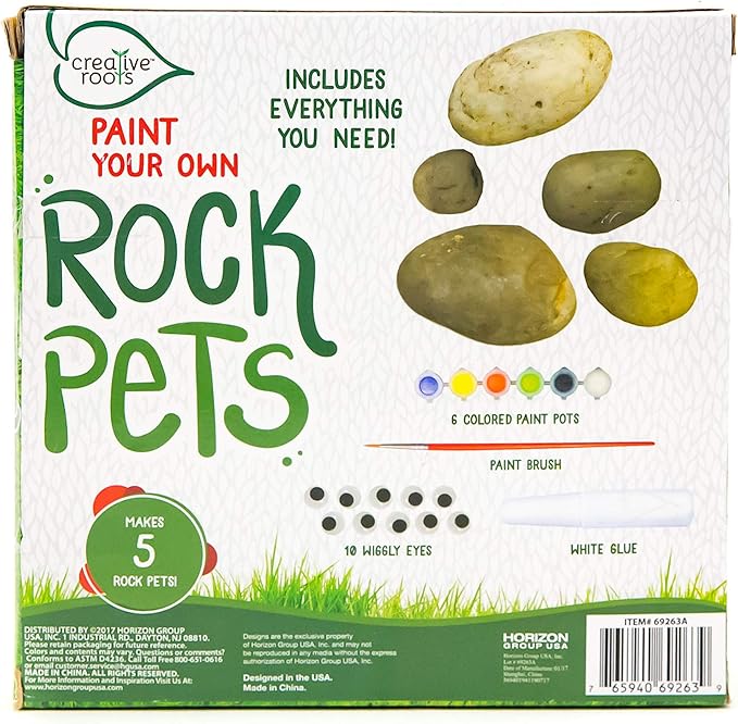 Creative Roots Paint Your Own Rock Pets by Horizon Group USA, 6 Colors, Paint Brush, Wiggly Eyes and Glue Included, Multicolor-VerdiqueGarden