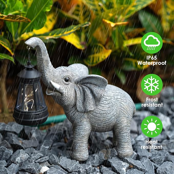 Solar Garden Statue Lights Elephants Figurine with Solar Lantern, Outdoor Yard Decorations for Patio Porch Home, Christmas Elephant Gifts for Women - Unique Housewarming Gifts-VerdiqueGarden