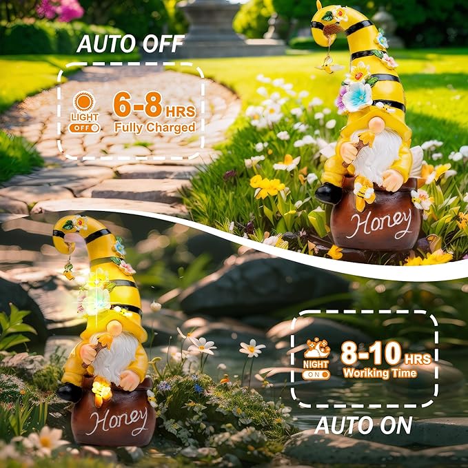 13" Garden Solar Spring Gnomes Statues Outdoor Spring Decor with LED Lighted Bee and Flowers Funny Garden Sculpture for Patio Yard Lawn Decorations Gifts-VerdiqueGarden