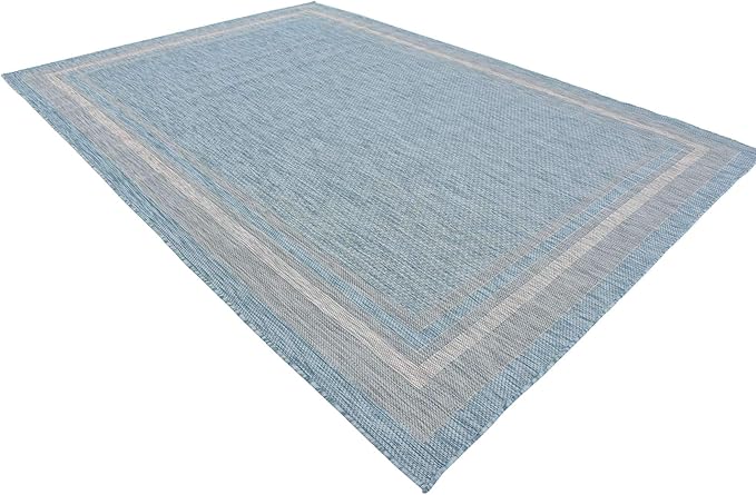 Unique Loom Outdoor Border Collection Area Rug - Soft Border (8' x 11' 4" Rectangle, Aquamarine/ Ivory)-VerdiqueGarden