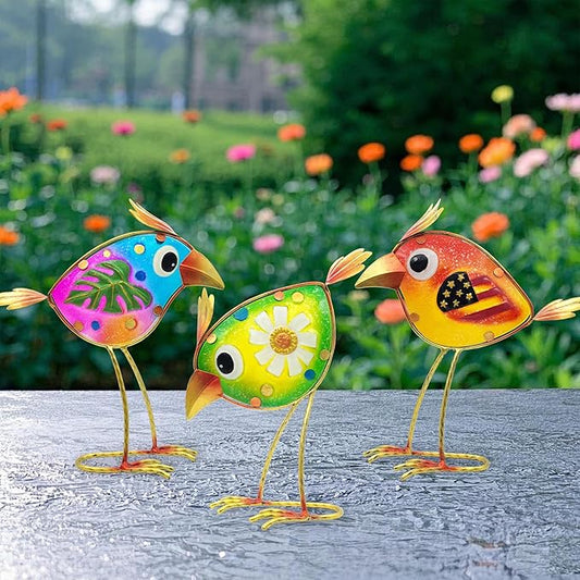 Birds Garden Decor for Outside: Metal & Glass Bird Yard Art, Craft Statue Lawn Ornaments for Outdoor, Housewarming Birthday Gifts for Women (3 PCS)-VerdiqueGarden
