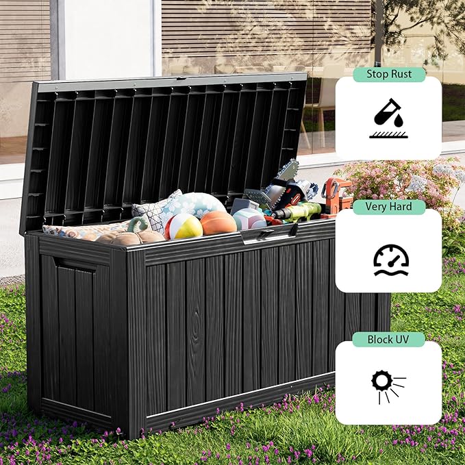 80 Gallon Waterproof Outdoor Storage Box,Resin Deck Box,Lockable Outside Storage Box Container for Patio Furniure,Garden,Tools (80 Gallon,Black)-VerdiqueGarden