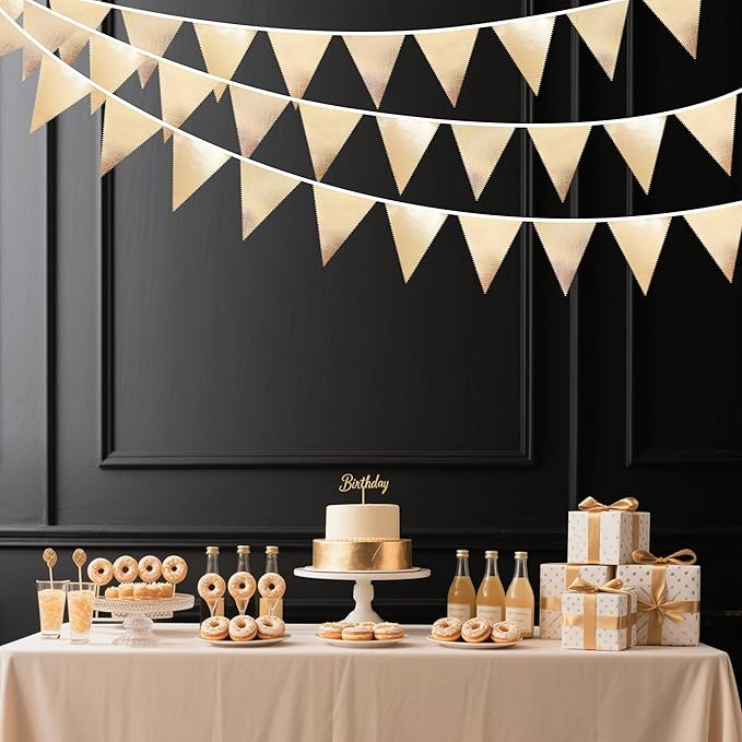 Champagne Gold Party Decoration Metallic Fabric Triangle Pennant Banner Flag Bunting Garland for Birthday Engagement Bridal Shower Wedding Anniversary Graduation Bachelorette Party Decoration Supplies-VerdiqueGarden