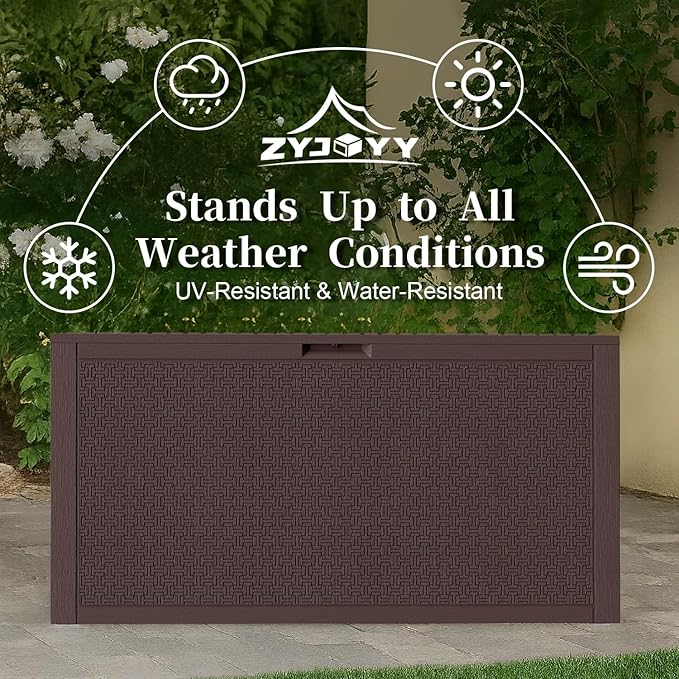 90 Gallon Resin Deck Box, Weatherproof Outdoor Storage Box for Patio, Garden, Pool, and Yard, Lockable Waterproof Bin for Tools, Cushions, and Accessories, Brown-VerdiqueGarden