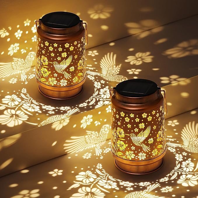 Hummingbird Solar Lanterns Outdoor Waterproof Garden Decor Birthday Gifts for Women Mom Grandma Hanging Solar Lights Metal Lantern Decoration Outside for Porch,Patio,Yard,Backyard-VerdiqueGarden