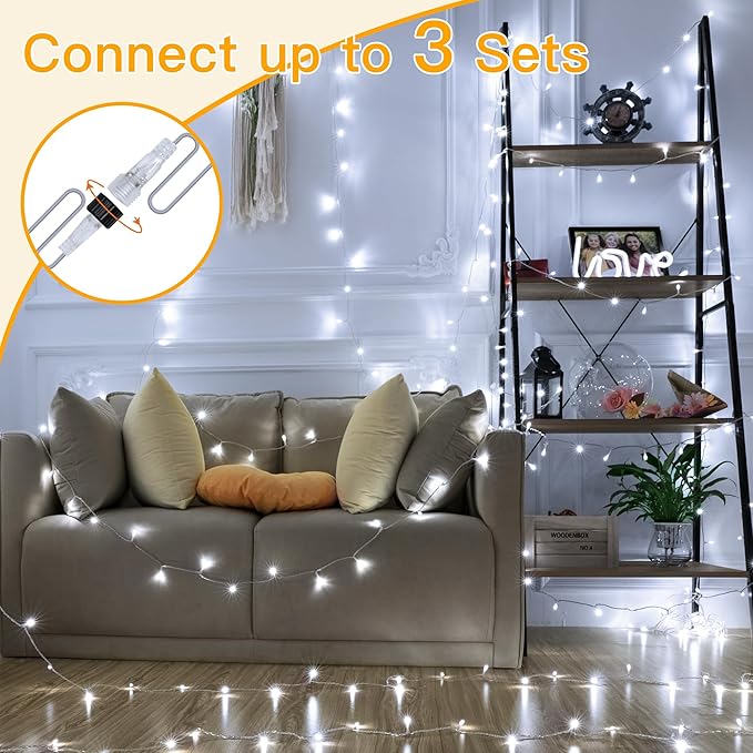 Ollny Outdoor String Lights 200LED 60FT, Cool White Connectable Plug in Fairy Light, 8 Modes Waterproof Timer Christmas Lights for Indoor Outside Bedroom House Party Wedding-VerdiqueGarden