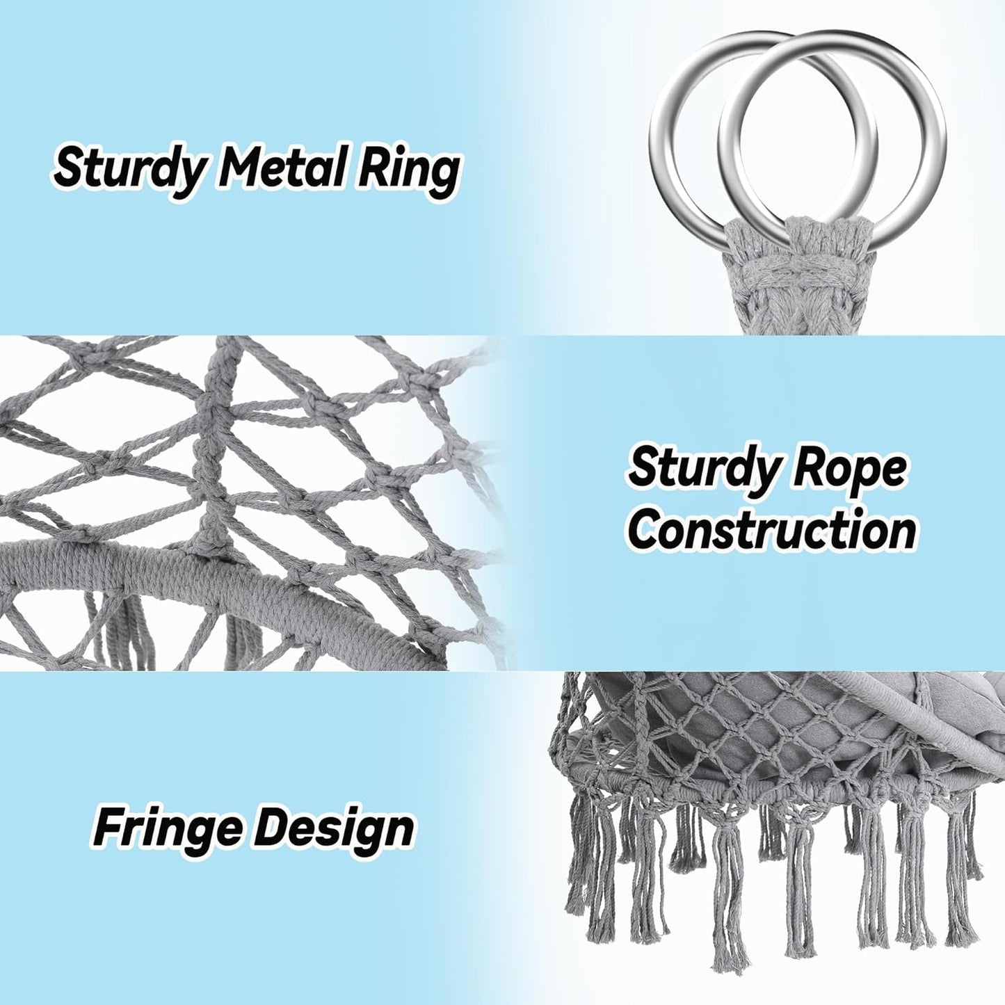 Macrame Hammock Hanging Swinging Chair with Oversized Cushion, Perfect for Bedroom, Porch, Kids, Adults, Balcony, Grey-VerdiqueGarden