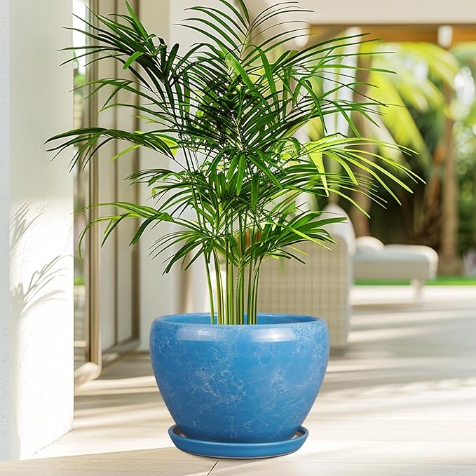 10 Inch Planter Pot - Ceramic Pots for Plants with Drainage Hole and Saucer, Round Large Flower Pot for Indoor Plants, Blue-VerdiqueGarden