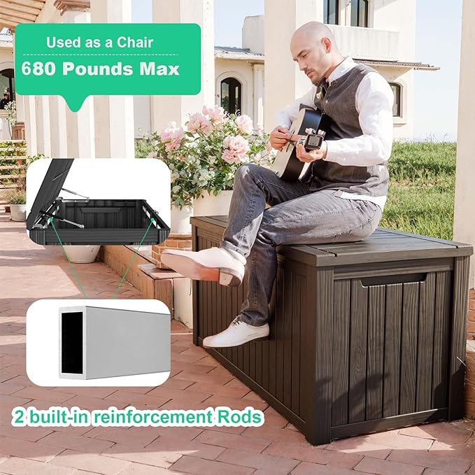 180 Gallon Outdoor Deck Box,Storage Lockable Waterproof Patio Furniture,Garden Tools,Cushions,Pool Accessories Outside Storage Resin Box(Black)-VerdiqueGarden