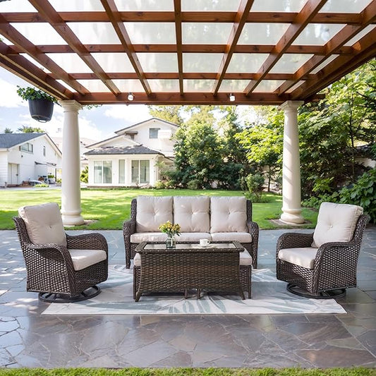 Wicker Outdoor Furniture Patio Furniture Set - 6 Piece Patio Conversation Set with Swivel Rocker Chairs, Rattan Sofa, Ottomans and Coffee Table, Beige Cushion-VerdiqueGarden