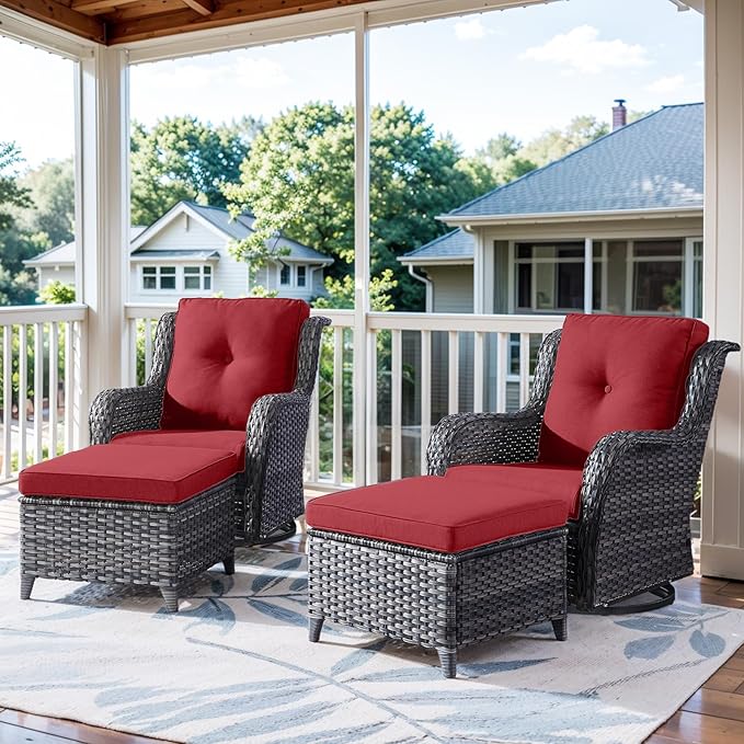 4 Pieces Patio Furniture Sets, Wicker Patio Swivel Glider Chair with Ottomans, Outdoor Furniture Set for Outside Porch, Deck, Balcony, Garden-VerdiqueGarden