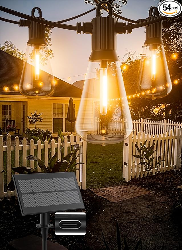 Solar String Lights Outdoor Waterproof 100FT with USB Port and 52 Shatterproof ST38 Bulbs(2 Spare), LED Solar Powered Patio Lights for Outside, Porch, Backyard, Gazebo, Garden(Warm White)-VerdiqueGarden