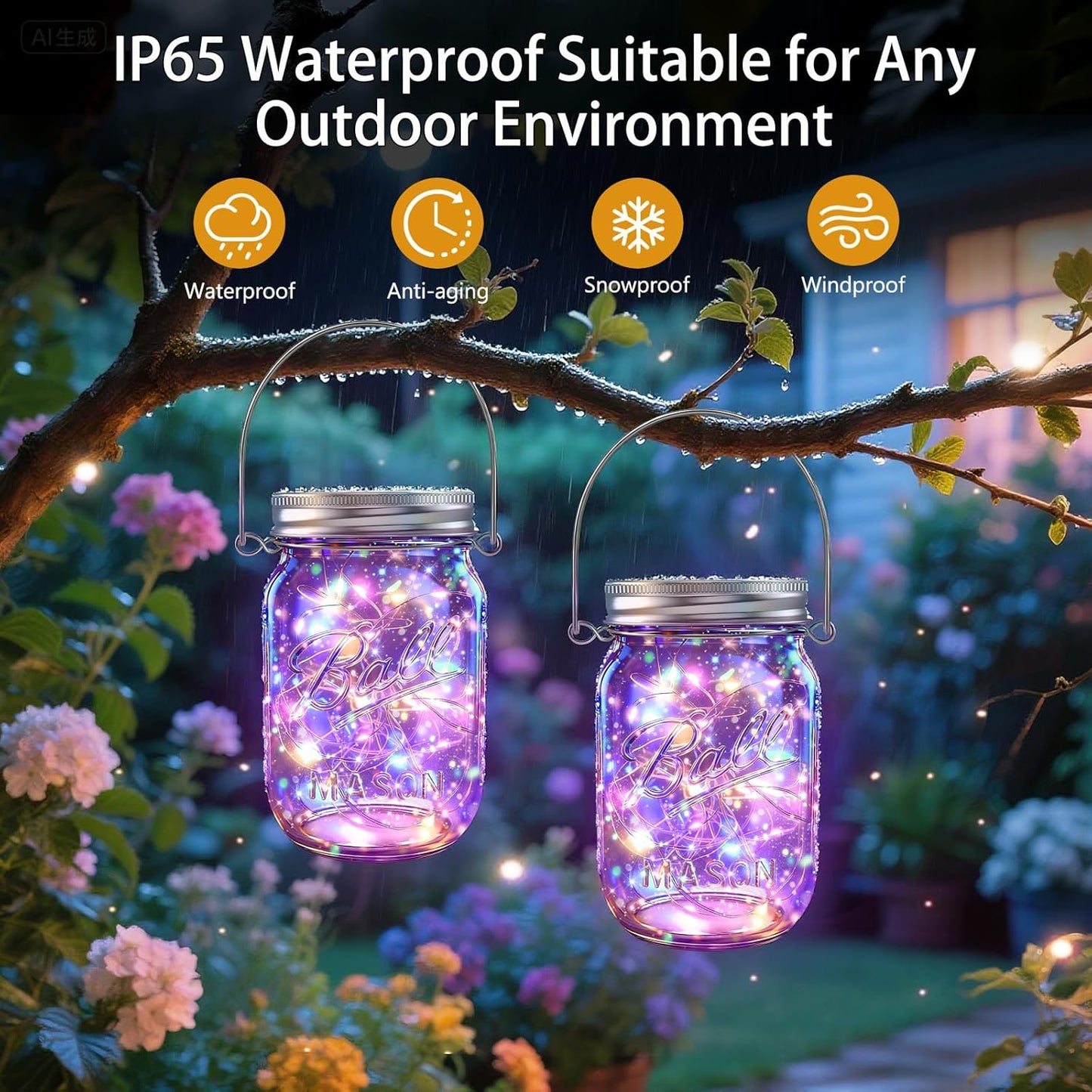 Solar Mason Jar Lights [Upgraded], 12 Pack 30 LED Firefly Fairy String Lights, Waterproof Outdoor Solar Mason Jar Lid Lights with Hangers(NO JARS) for Patio Garden Yard Wedding Decoration - Multicolor-VerdiqueGarden