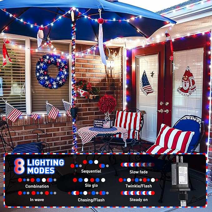 JMEXSUSS Red White & Blue Lights Clear Wire, 66 Ft 200 LED 4th of July Decorations String Lights Plug in, Christmas Lights for Independence Day Celebration Party Memorial Day Patriotic Holidays Decor-VerdiqueGarden