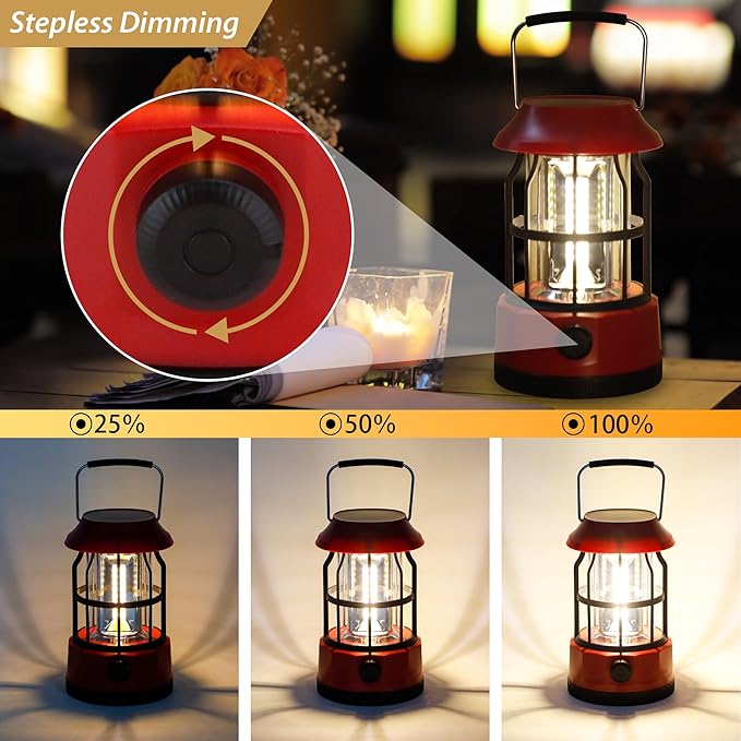 TRIROCKS Set of 2 LED Solar Camping Lantern Dimmable Rechargeable Lantern IPX3 Water-Resistant Portable Emergency Lights Outdoor Camping Lights for Camping Home Power Outage Hurricane Hiking (Red)-VerdiqueGarden