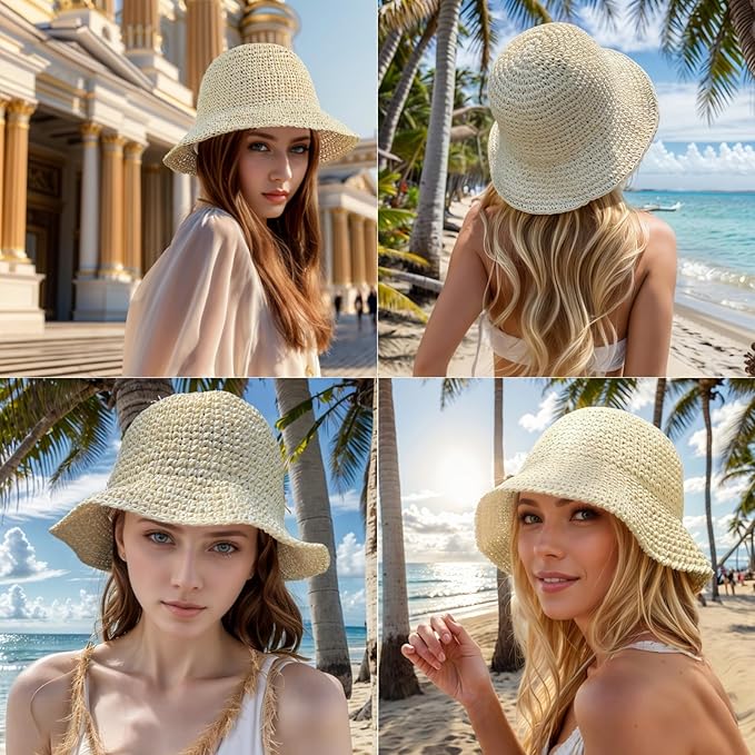 Womens Straw Beach Sun Hats, Foldable Packable Floppy Handmade Crochet Hats for Women,Large Summer Vacation Wide Brim Hat-VerdiqueGarden