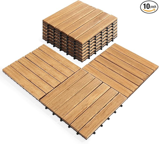 Pack of 10 Deck Tiles - 12"x12" Interlocking Natural Solid Acacia Wood for Outdoor & Indoor, Patio Garden, Balcony, Poolside - Natural6 Color-VerdiqueGarden