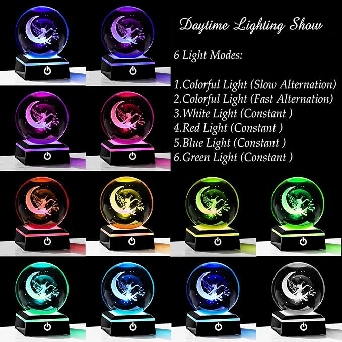 Qianwei Moon Fairy 3D Crystal Ball Laser Engraved Fairy Glass Ball Fairy Night Light Decorative Globes 3D Crystal Moon Sphere Fairy Gifts for Girl Her Fairy Lover-VerdiqueGarden