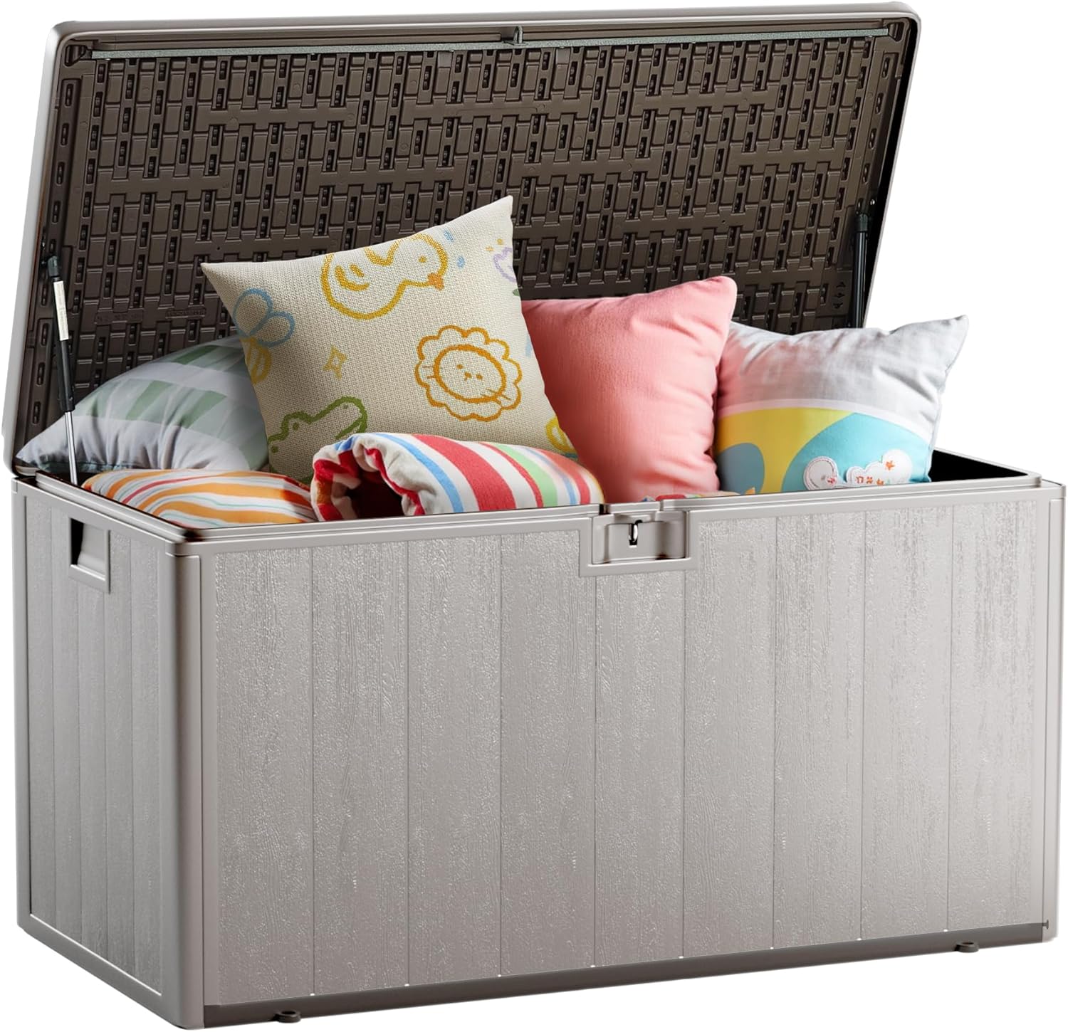 120 Gallon Deck Box, Double Layer Waterproof Resin Outdoor Indoor Storage Box, Lockable & UV Resistant Storage Bin for Patio Furniture, Garden Tools, Pool Accessories (Brown)-VerdiqueGarden