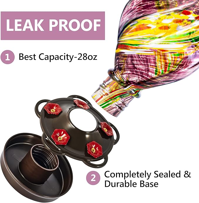 LUJII Ice Cream Shaped Spiral Hummingbird Feeder for Outdoors Hanging, Hand Blown Glass, 28 fl.oz, Leak Proof & Rustproof, Includes an Ant Moat with Hook, Unique & Stylish Glass Art & Decor (Purple)-VerdiqueGarden