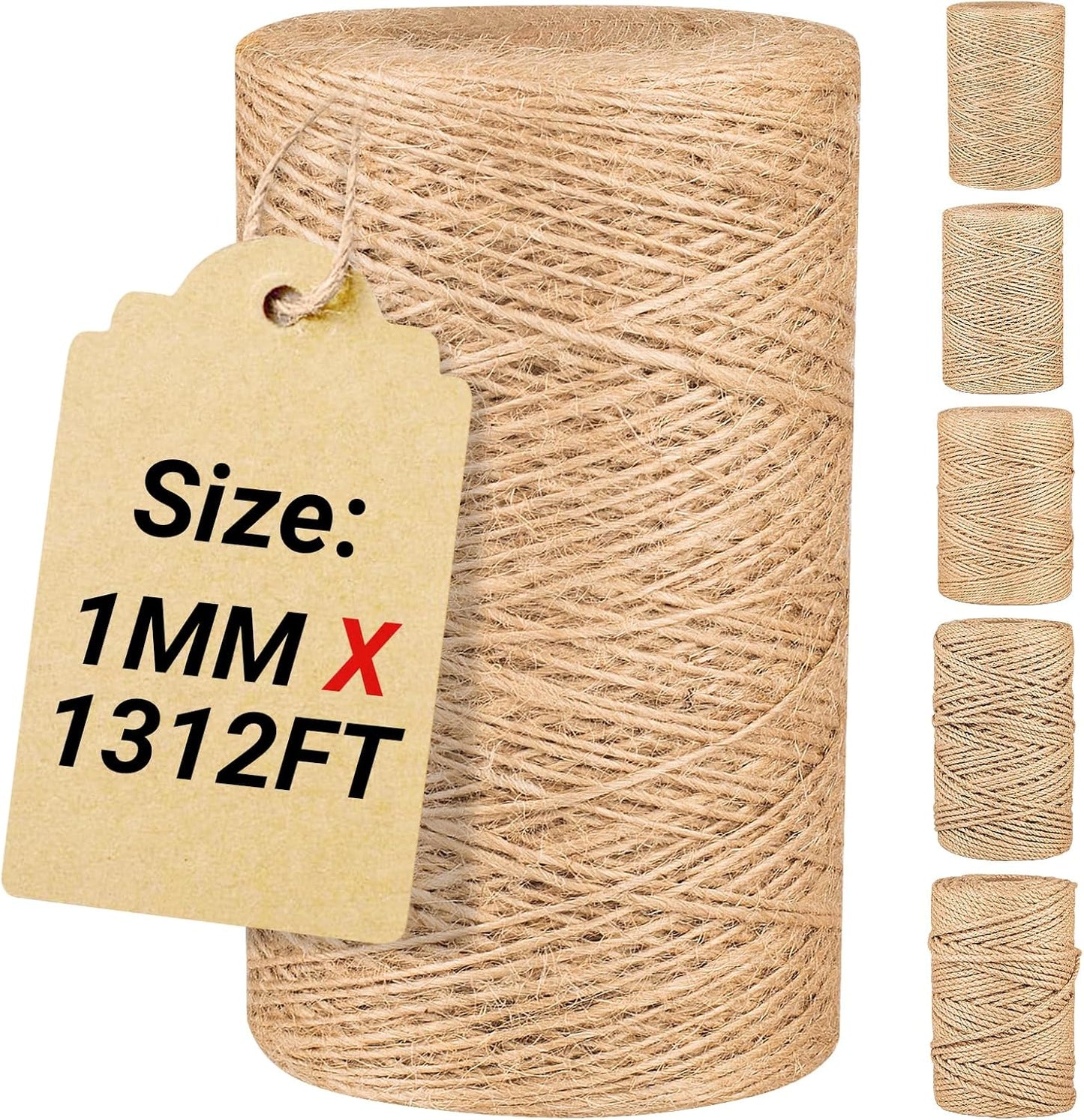 Natural Jute Twine String,Bulk Jute Rope Cord Twine for Crafting Gardening,Roll of Thick and Thin Twine for Gift Wrapping,Brown Decorative Rope,Ornament Twine for Cat Scratch Post (1mm x 1312ft)-VerdiqueGarden