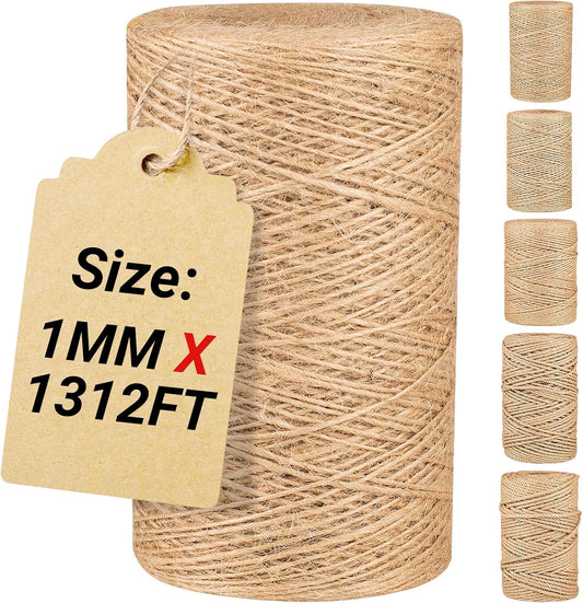Natural Jute Twine String,Bulk Jute Rope Cord Twine for Crafting Gardening,Roll of Thick and Thin Twine for Gift Wrapping,Brown Decorative Rope,Ornament Twine for Cat Scratch Post (1mm x 1312ft)-VerdiqueGarden